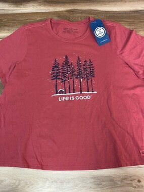 Life is Good Womens XXXL Crusher T Shirt Red Snow Pine Tree Cabin Graphic Tee